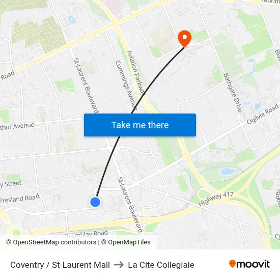 Coventry / St-Laurent Mall to La Cite Collegiale map