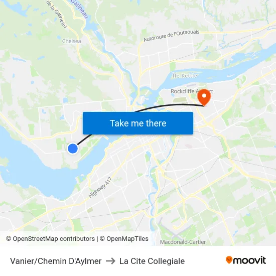 Vanier/Chemin D'Aylmer to La Cite Collegiale map