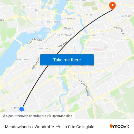 Meadowlands / Woodroffe to La Cite Collegiale map