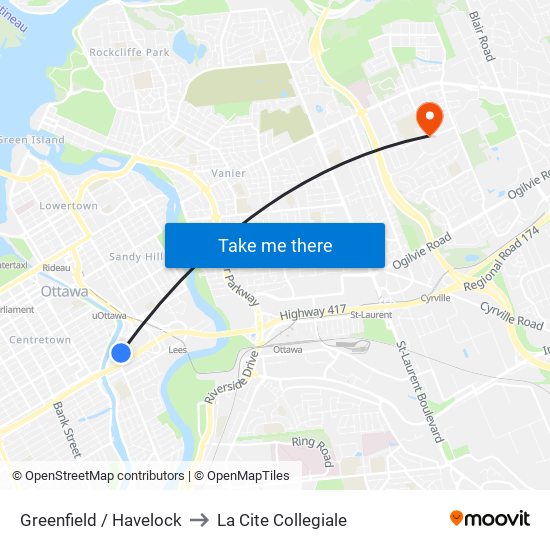 Greenfield / Havelock to La Cite Collegiale map