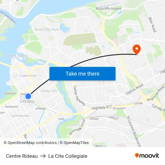Centre Rideau to La Cite Collegiale map