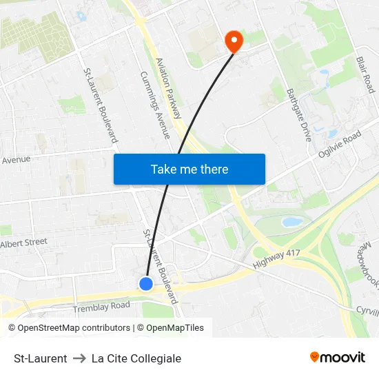 St-Laurent to La Cite Collegiale map