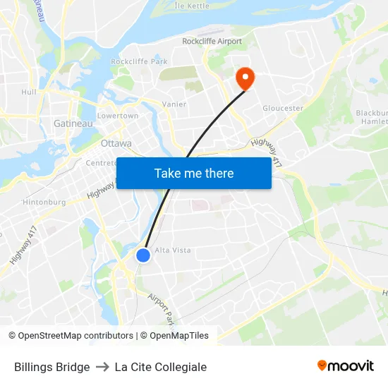 Billings Bridge to La Cite Collegiale map