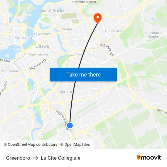 Greenboro to La Cite Collegiale map