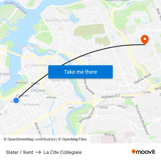 Slater / Kent to La Cite Collegiale map