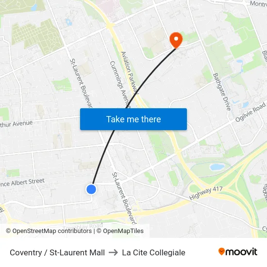 Coventry / St-Laurent Mall to La Cite Collegiale map
