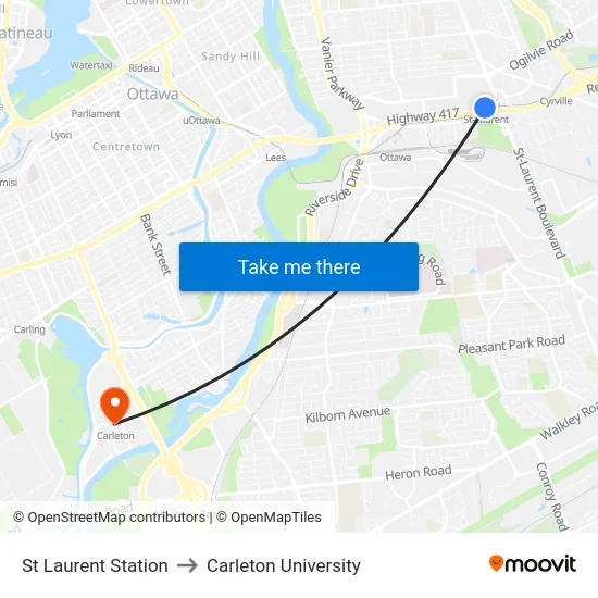 St Laurent Station to Carleton University map