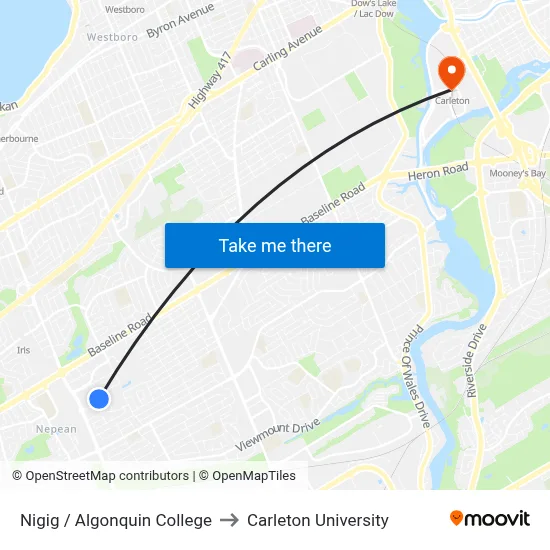Nigig / Algonquin College to Carleton University map