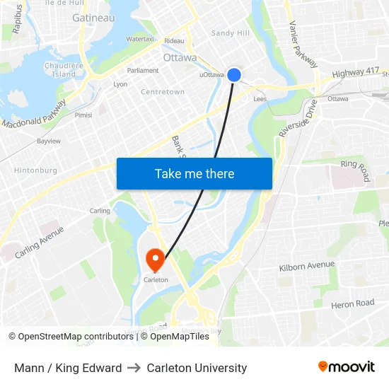 Mann / King Edward to Carleton University map