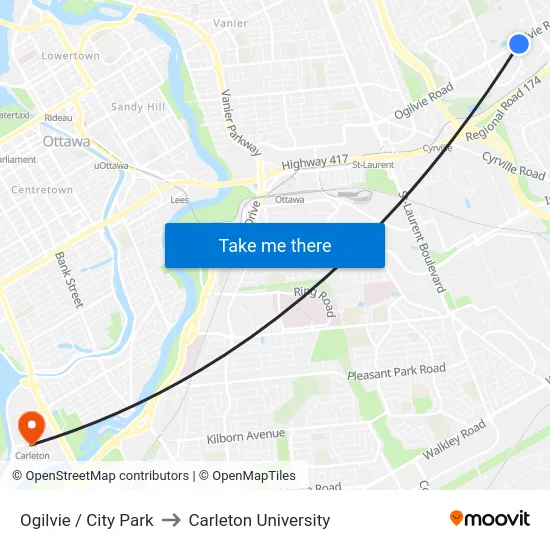 Ogilvie / City Park to Carleton University map