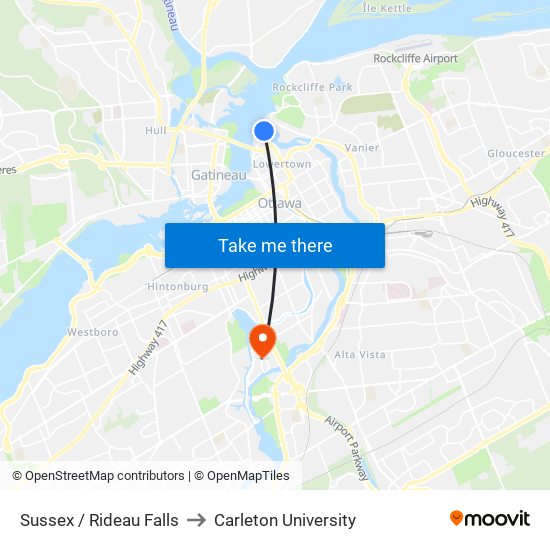 Sussex / Rideau Falls to Carleton University map