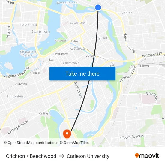 Crichton / Beechwood to Carleton University map