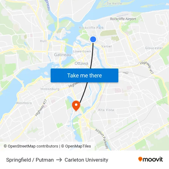 Springfield / Putman to Carleton University map