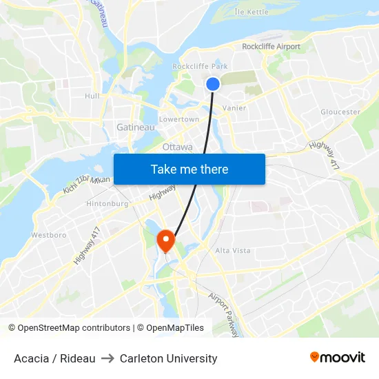 Acacia / Rideau to Carleton University map