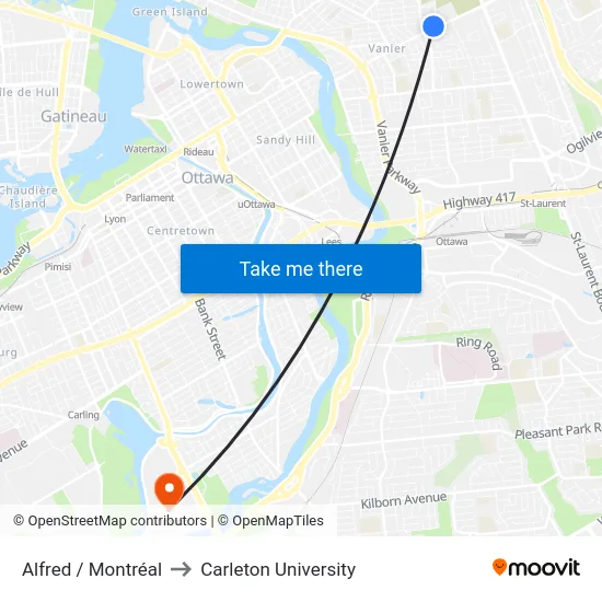 Alfred / Montréal to Carleton University map