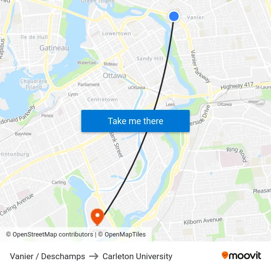 Vanier / Deschamps to Carleton University map