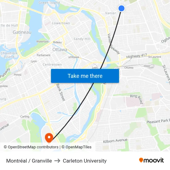 Montréal / Granville to Carleton University map