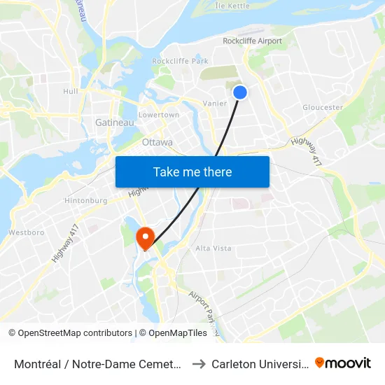 Montréal / Notre-Dame Cemetery to Carleton University map