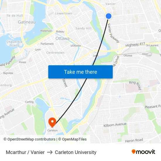 Mcarthur / Vanier to Carleton University map