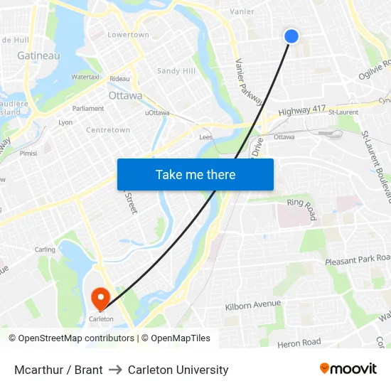 Mcarthur / Brant to Carleton University map