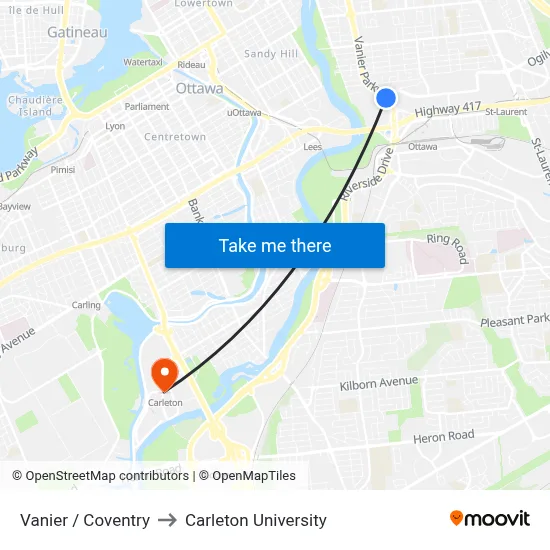 Vanier / Coventry to Carleton University map