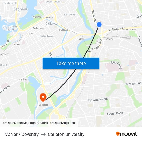 Vanier / Coventry to Carleton University map