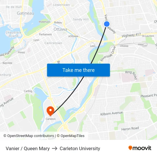 Vanier / Queen Mary to Carleton University map