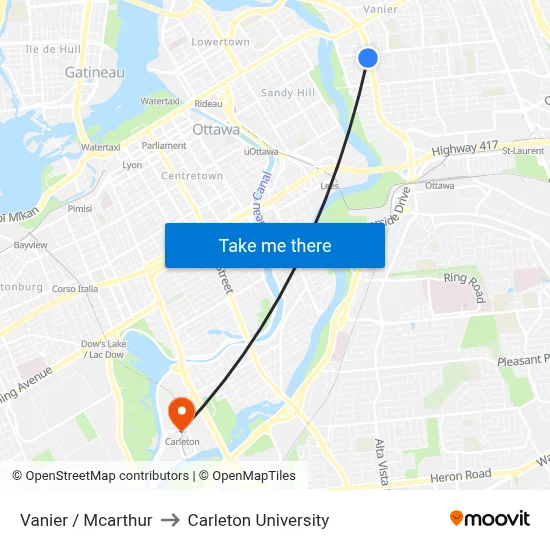 Vanier / Mcarthur to Carleton University map
