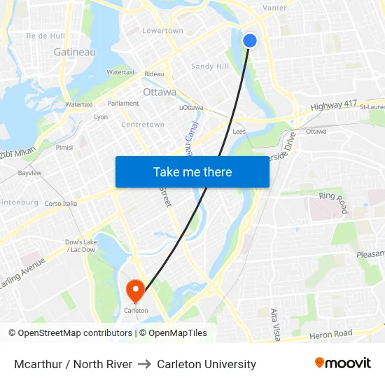 Mcarthur / North River to Carleton University map