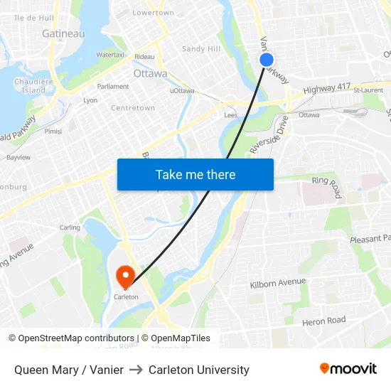 Queen Mary / Vanier to Carleton University map