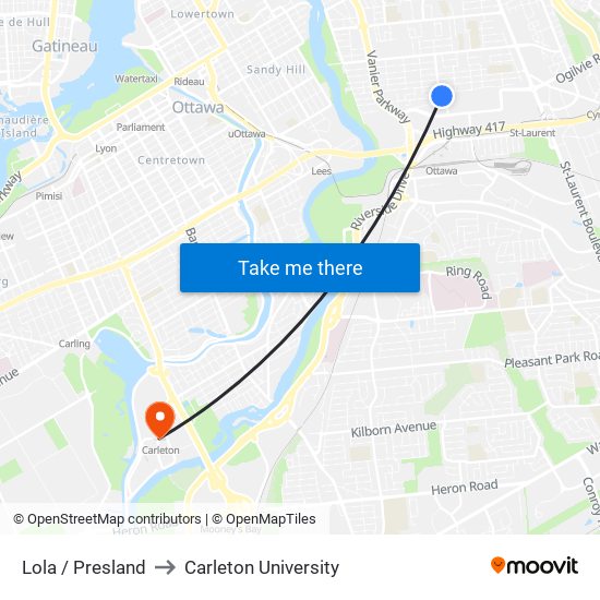 Lola / Presland to Carleton University map