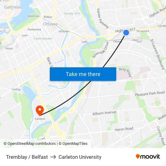 Tremblay / Belfast to Carleton University map