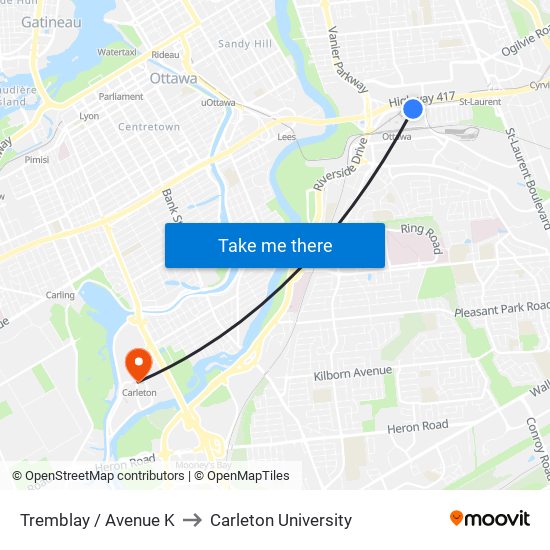 Tremblay / Avenue K to Carleton University map