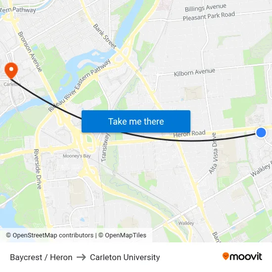 Baycrest / Heron to Carleton University map