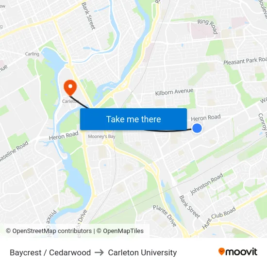 Baycrest / Cedarwood to Carleton University map