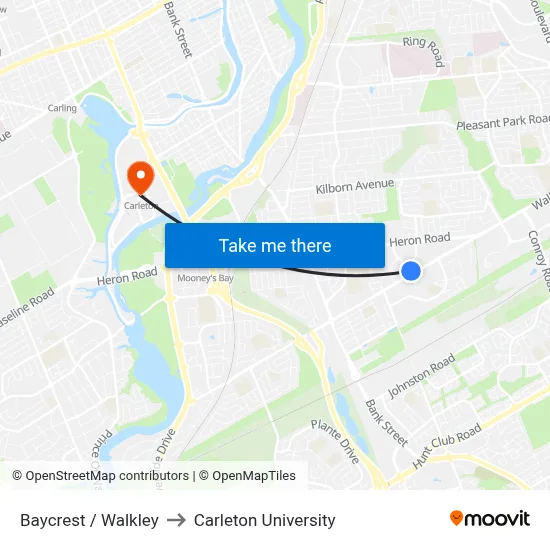 Baycrest / Walkley to Carleton University map