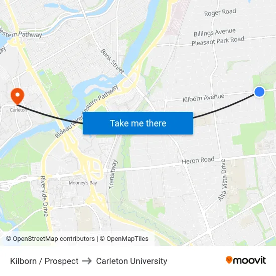 Kilborn / Prospect to Carleton University map