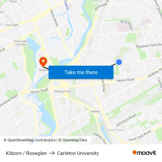 Kilborn / Roseglen to Carleton University map