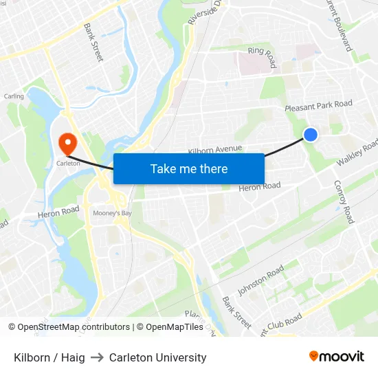 Kilborn / Haig to Carleton University map