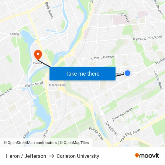 Heron / Jefferson to Carleton University map