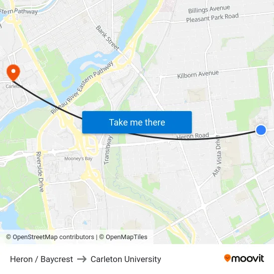 Heron / Baycrest to Carleton University map