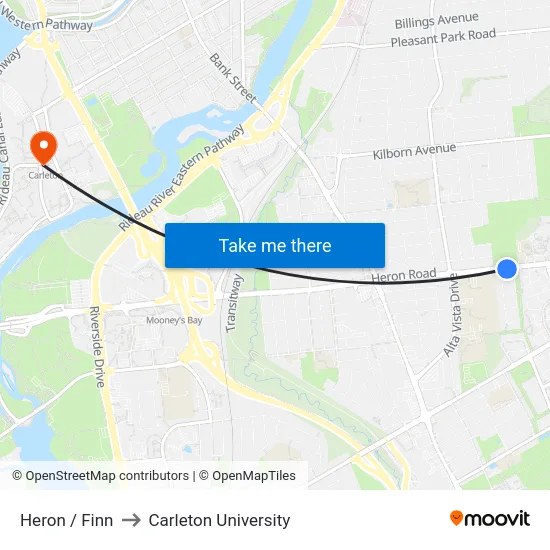 Heron / Finn to Carleton University map