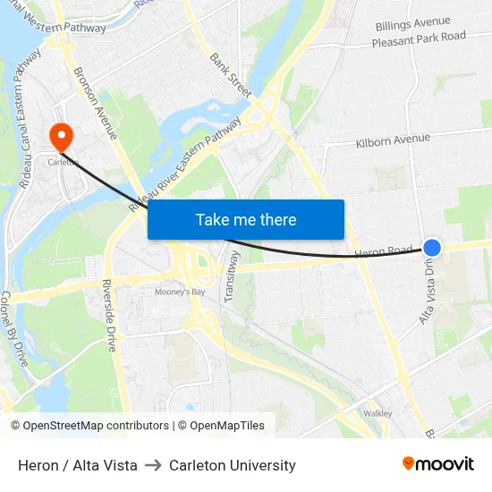 Heron / Alta Vista to Carleton University map
