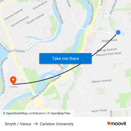 Smyth / Valour to Carleton University map