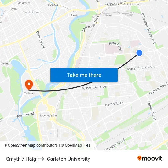 Smyth / Haig to Carleton University map