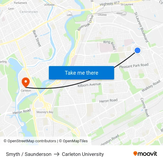 Smyth / Saunderson to Carleton University map