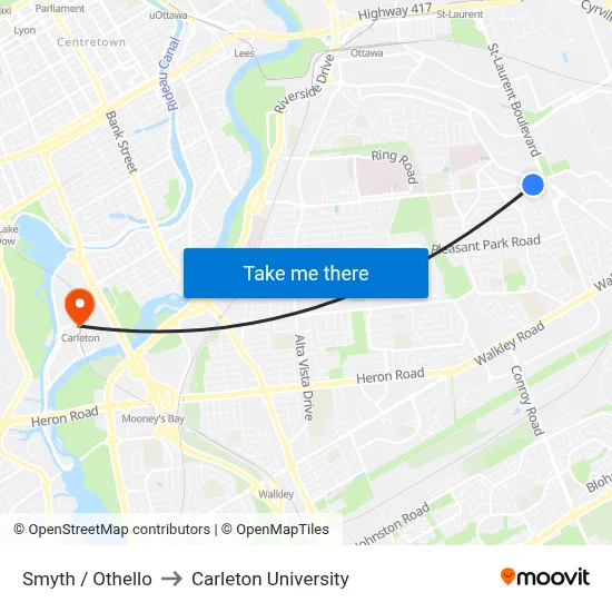 Smyth / Othello to Carleton University map