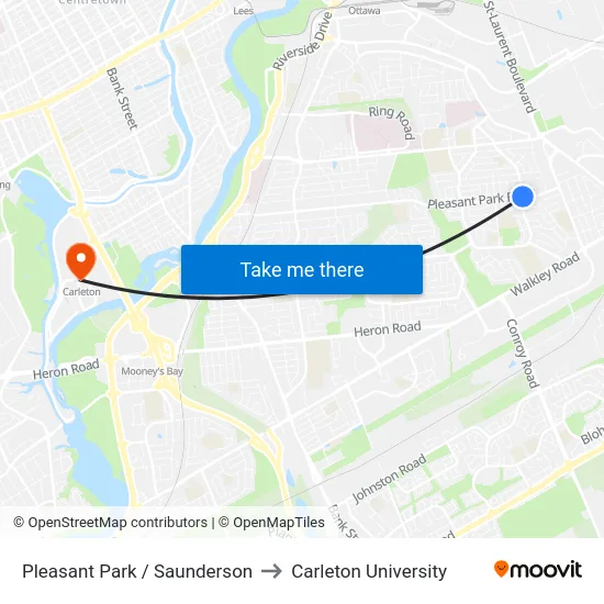 Pleasant Park / Saunderson to Carleton University map