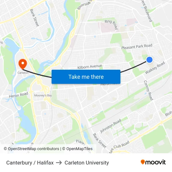 Canterbury / Halifax to Carleton University map