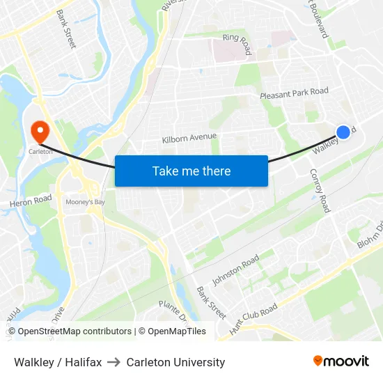 Walkley / Halifax to Carleton University map